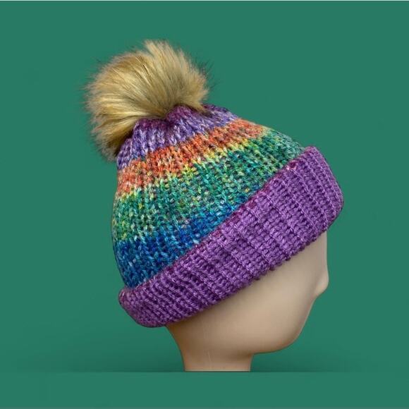 Beanie Hat Adult Purple Stripe Cuff Boho Slouchy Knitted Winter Ski Handmade - Picture 11 of 13